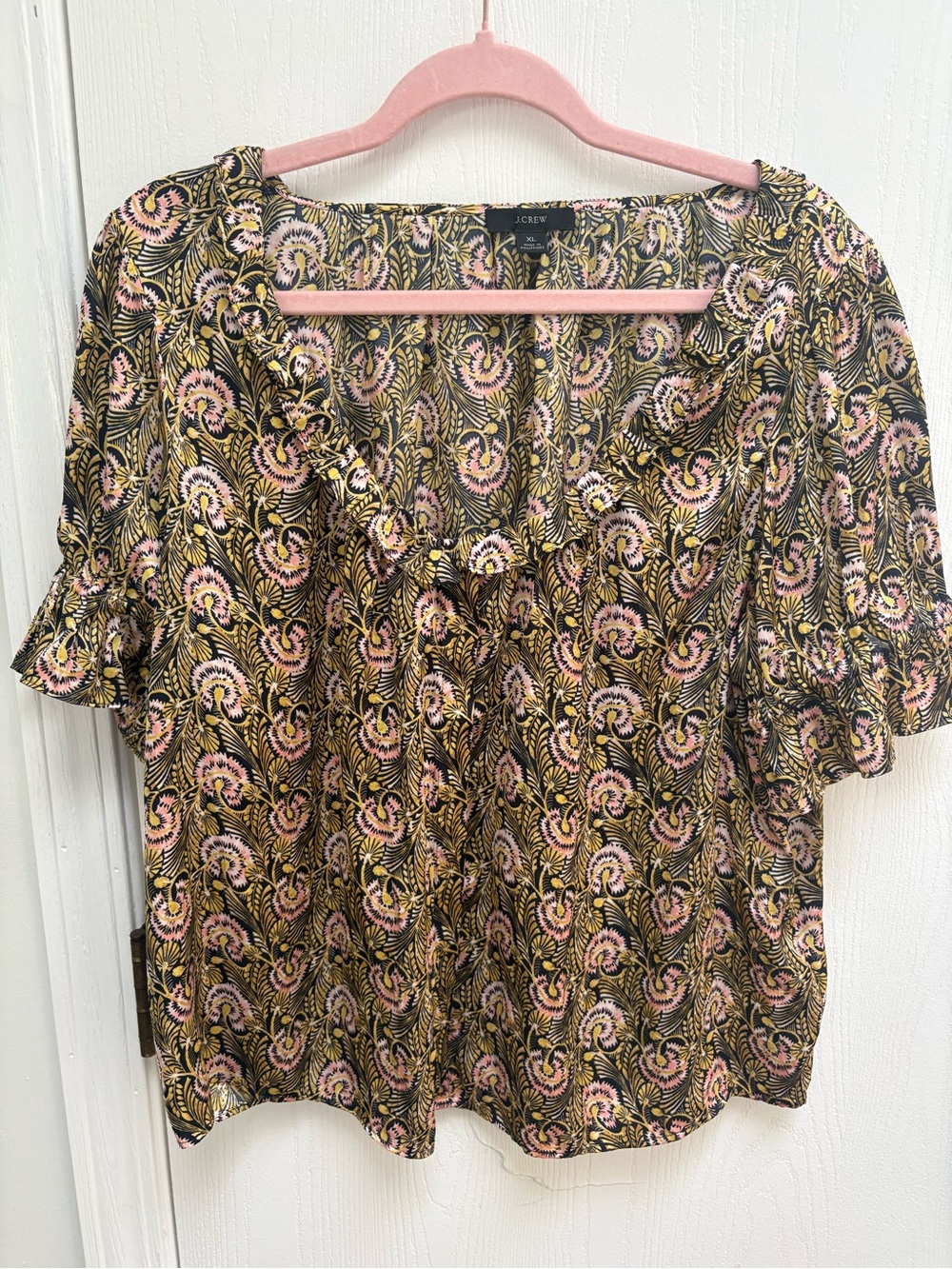 J. Crew Olive and Pink Paisley Ruffle-Sleeve Blouse